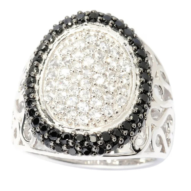 Women’s classic engagement rings-Sterling Silver White Topaz and Black Spinel Wide Oval Top Ring