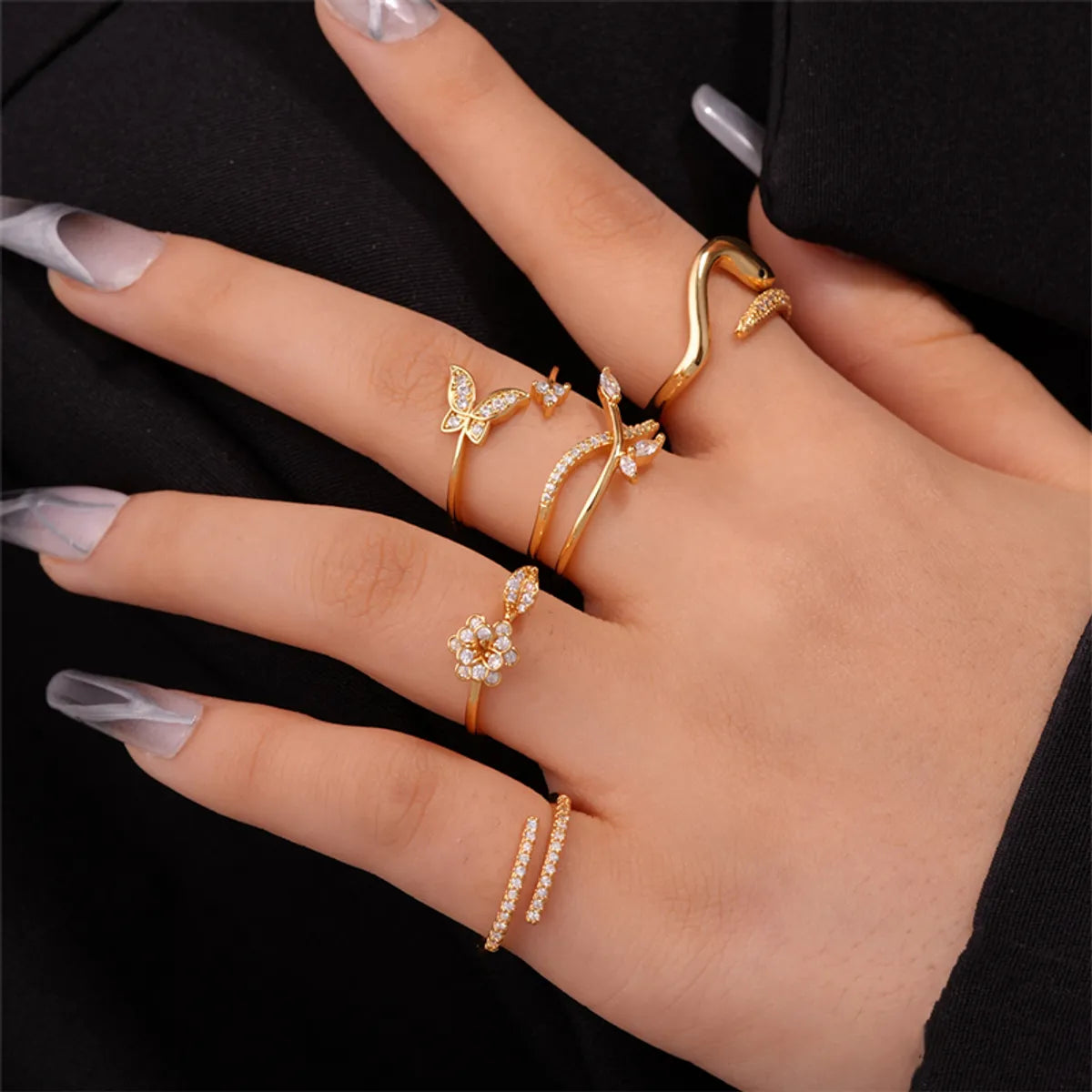 Women’s diamond solitaire rings-Ig Style Simple Style Flower Snake Butterfly Copper Gold Plated Zircon Open Rings In Bulk