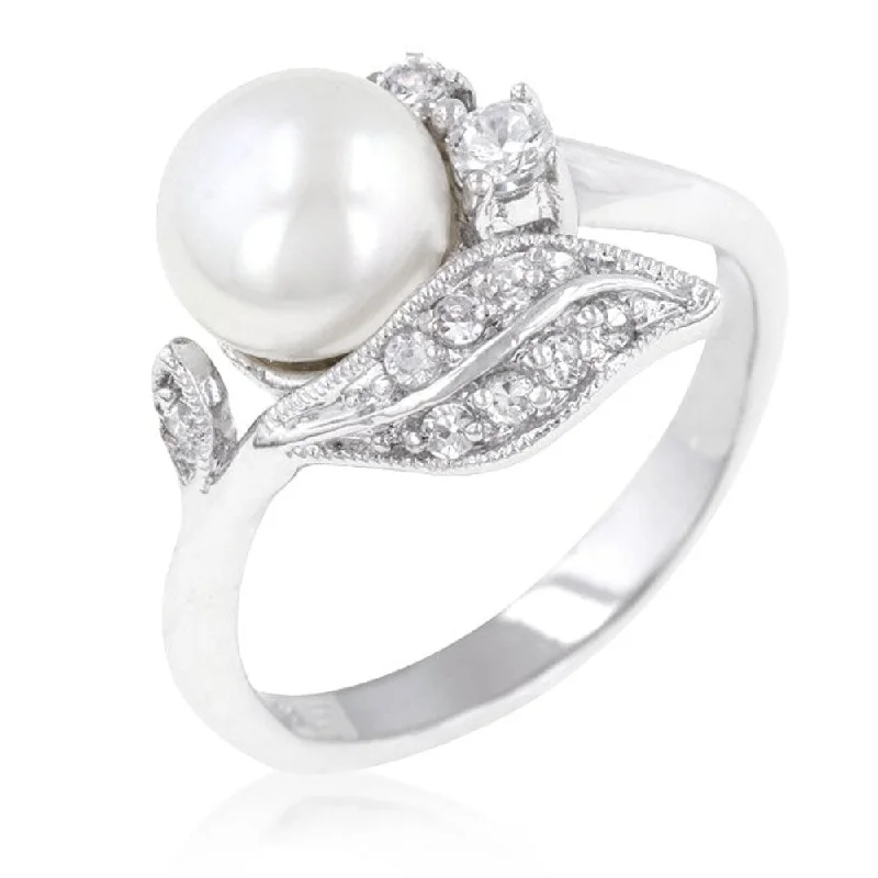 Women’s layered rings-Genuine Rhodium Plating Fleur Pearl Ring For Women