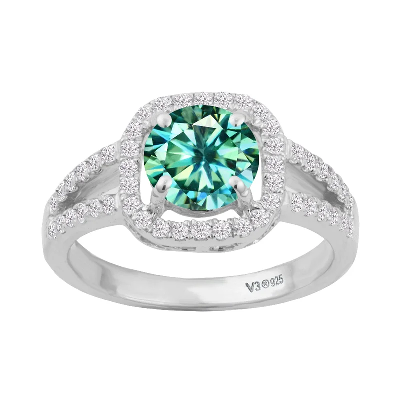 Women’s floral rings-Sterling Silver with Green Moissanite and White Diamond Halo Ring