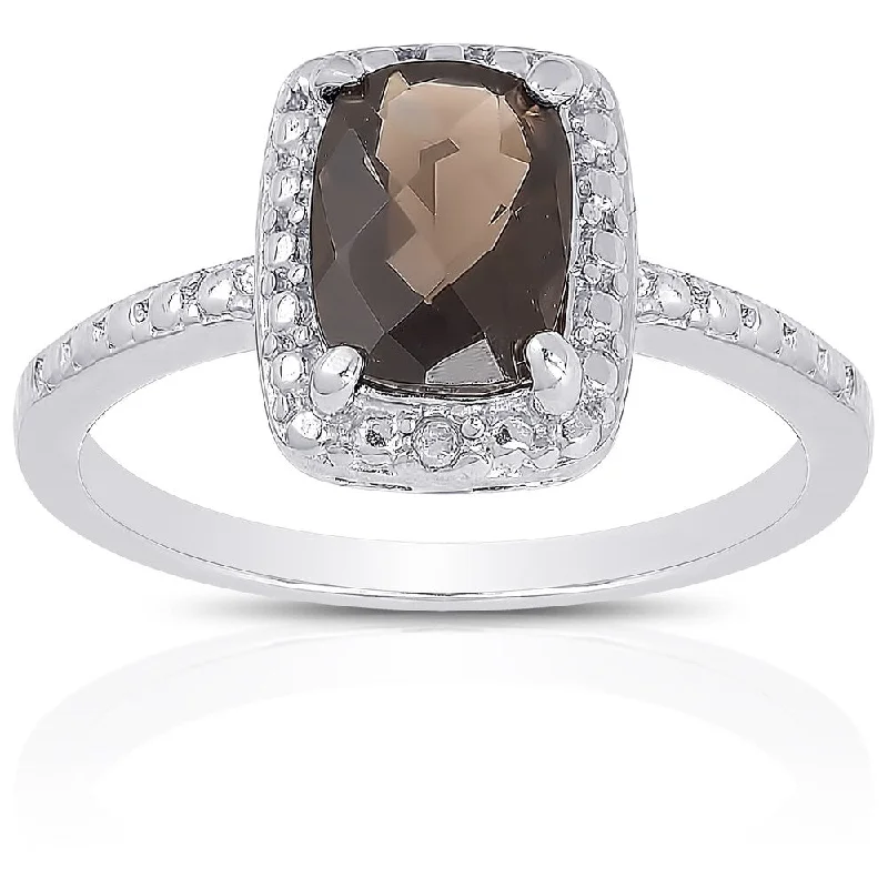 Women’s feather rings-Dolce Giavonna Sterling Silver Smokey Quartz Diamond Accent Ring