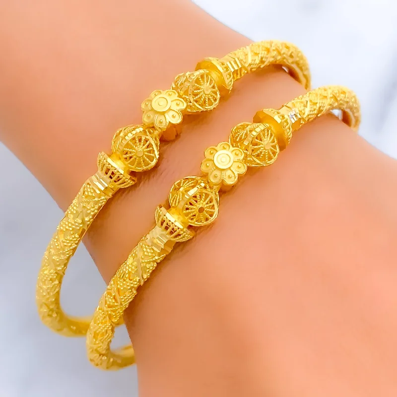 Women’s engraved bracelets-Unique Striped Flower 22k Gold Pipe Bangles