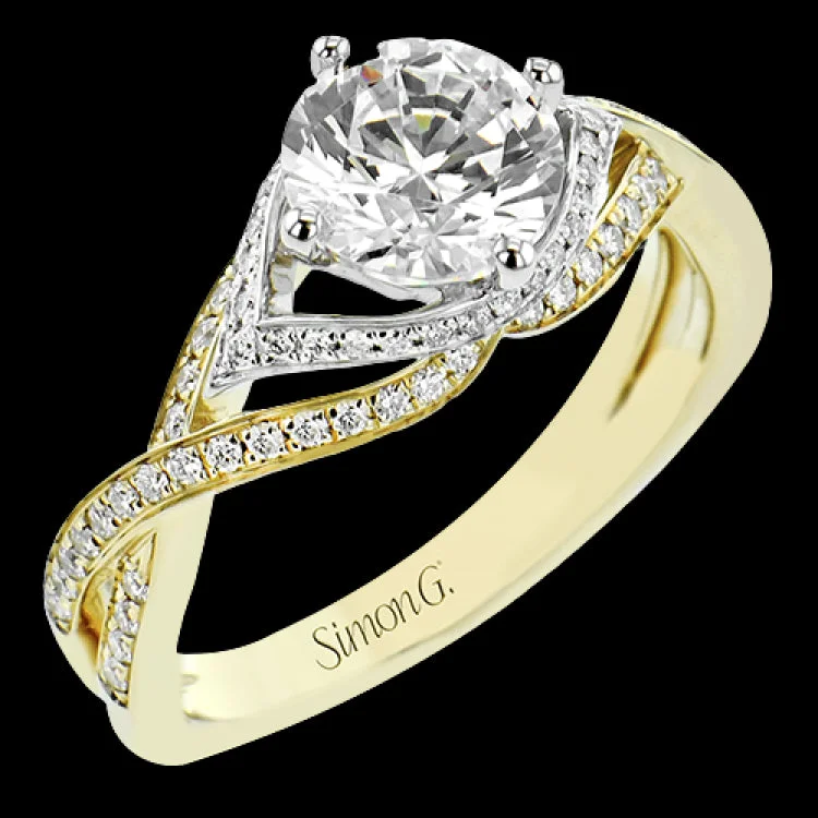 Women’s oval engagement rings-18 kt two-tone engagement ring has a twisted diamond band of .28 ctw and open work top