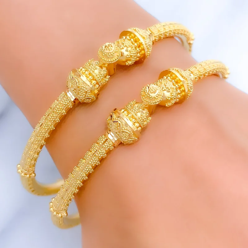 Women’s adjustable charm bracelets-Delightful Flower Accented 22k Gold Pipe Bangles