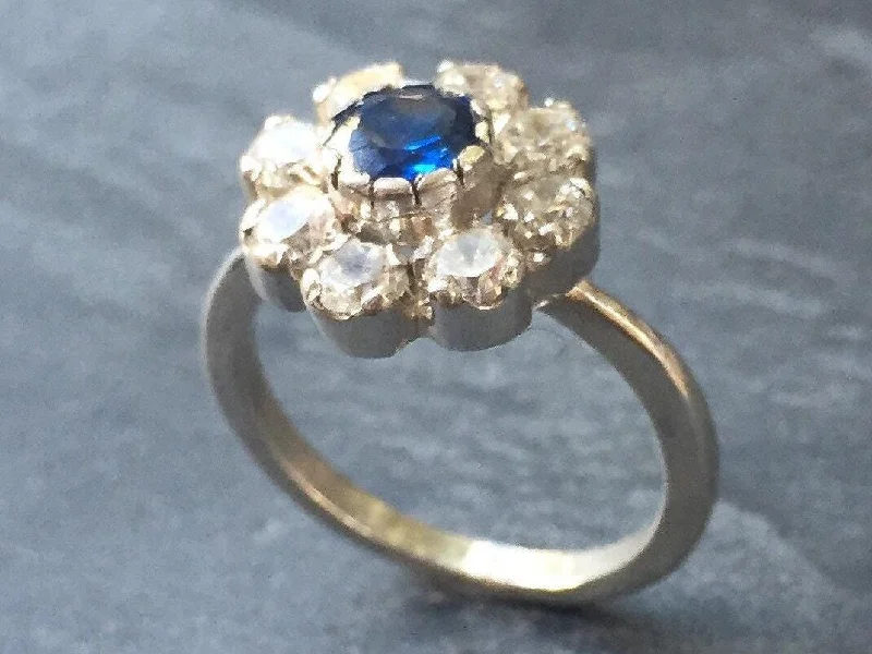 Women’s platinum three-stone engagement rings-Sapphire Flower Ring - Diamond Silver Ring - Vintage Sapphire Ring