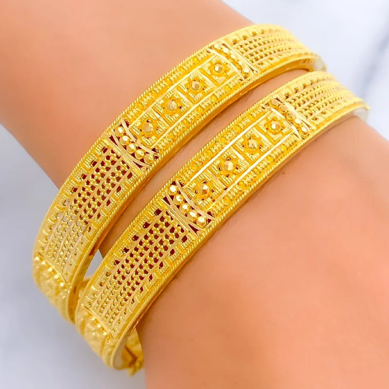 Women’s bangle bracelets-Alternating Golden Elegant 22k Gold Bangle Pair