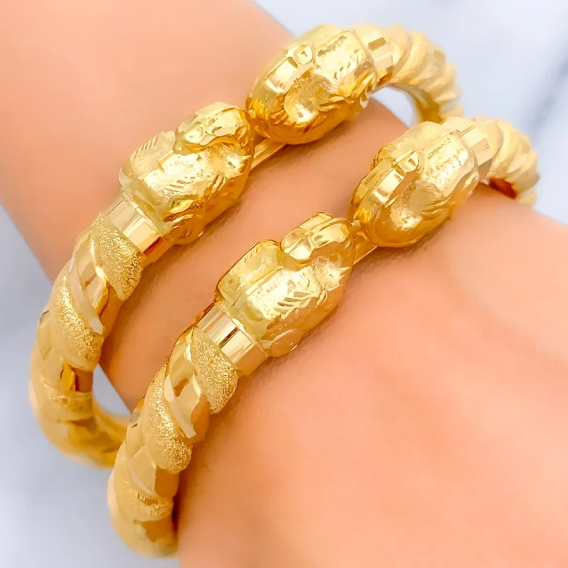 Women’s sparkling bracelets-Dual Finished Elephant Faced 22k Gold Pipe Bangles