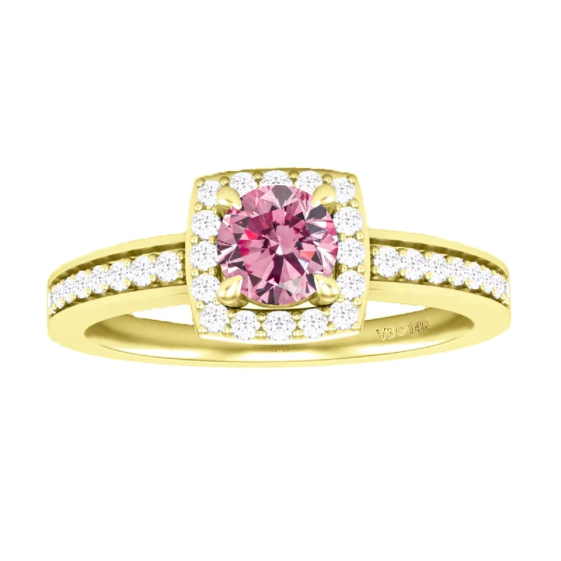 Women’s engagement rings with diamonds-Yellow Gold Round Shape Pink Moissanite and White Diamond Halo Ring