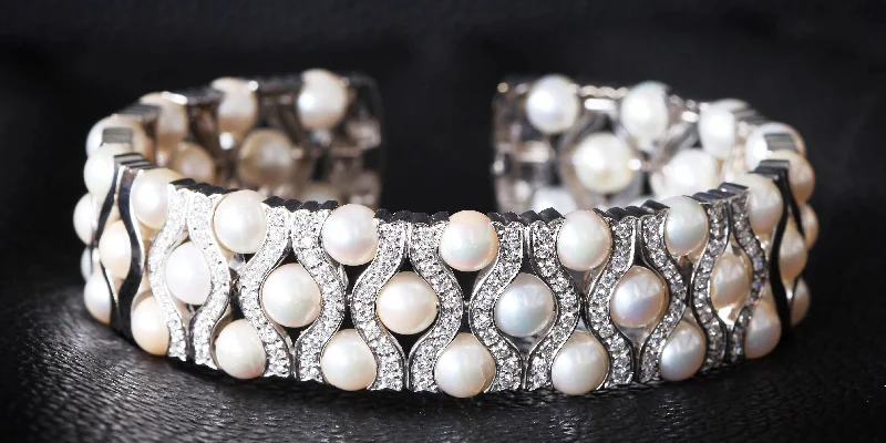 Women’s multi-strand bracelets-The Pearl & Diamond Cuff Bangle in White Gold