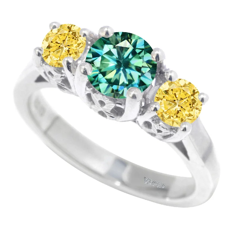 Women’s designer rings-Sterling Silver with Green Moissanite & Yellow Moissanite 3 Stone Ring