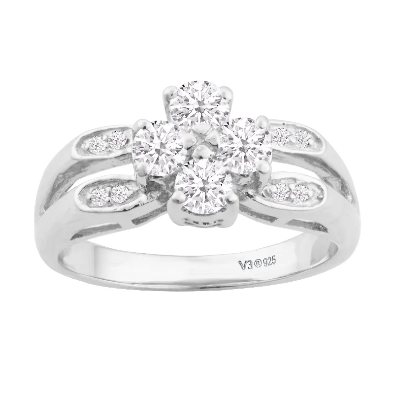 Women’s geometric rings-Sterling Silver Moissanite and White Diamond Flower Ring