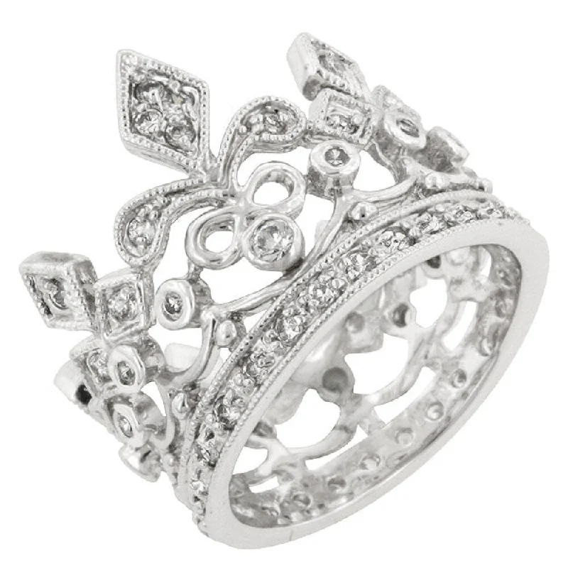 Women’s crown rings-Cubic Zirconia Crown Eternity Ring With Rhodium Plated