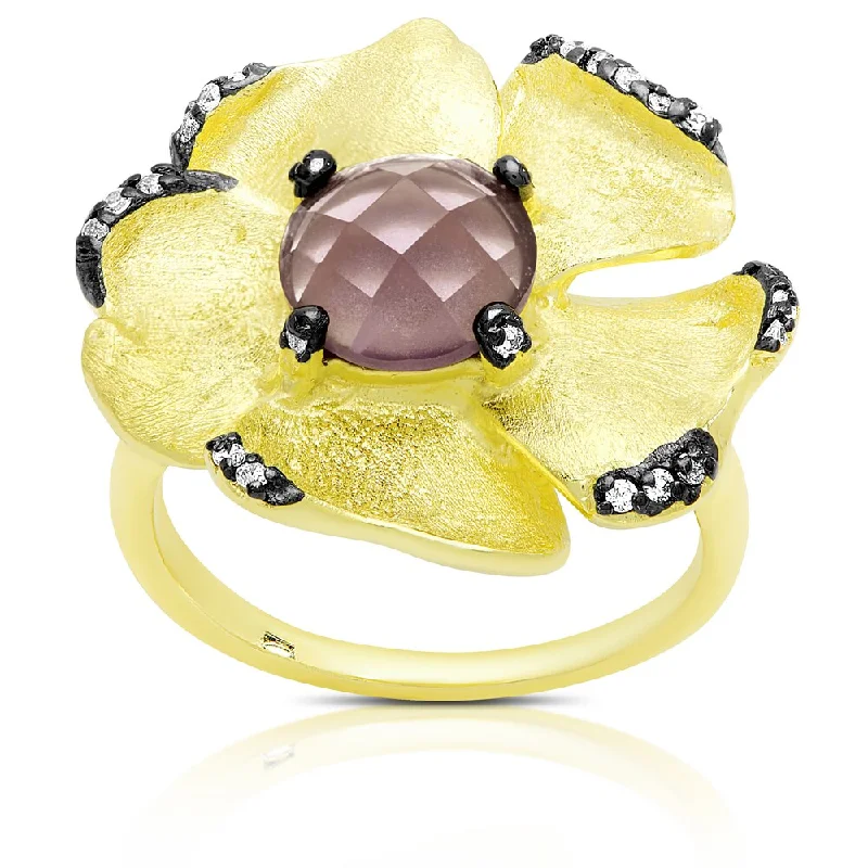 Women’s crown rings-Samantha Stone Gold Over Sterling Silver Cubic Zirconia and Simulted Amethyst Flower Ring