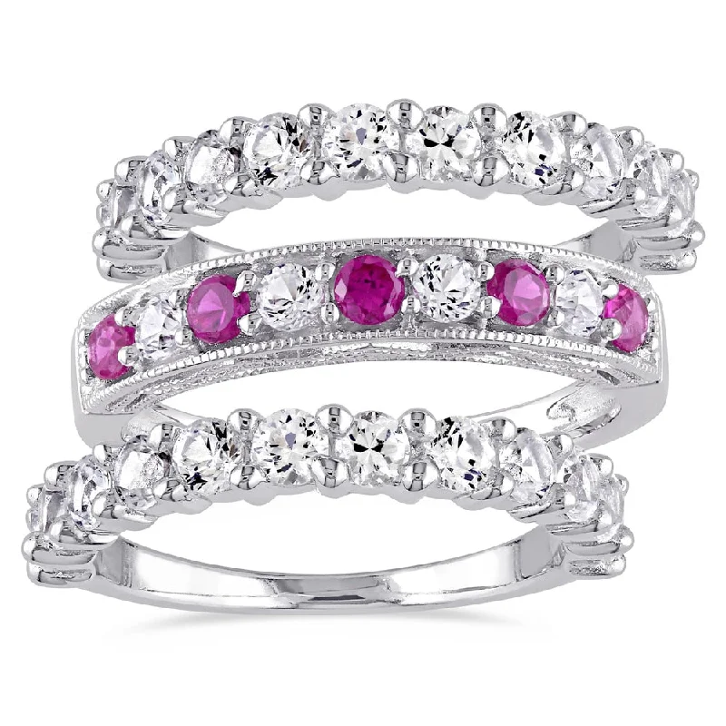 Women’s silver wedding rings-Miadora Sterling Silver Created Ruby and White Sapphire 3-Piece Semi-Eternity Milgrain Ring Set - Red