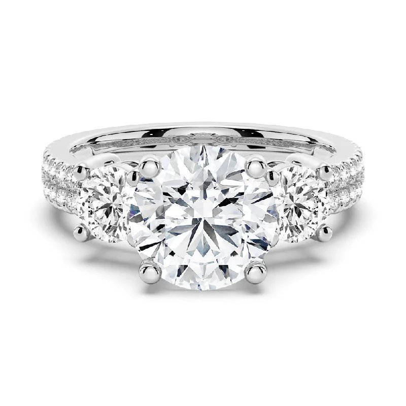 Women’s engagement rings with baguette diamonds-Double Row Pave Three Stone Round Cut Engagement Ring