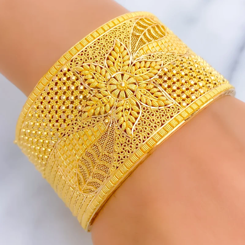 Women’s diamond bangles-Traditional Grand Netted Flower 22k Gold Screw Bangle