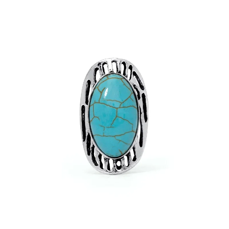 Women’s promise rings-Silver Plated Simulated Turquoise Oval Stripped Ring