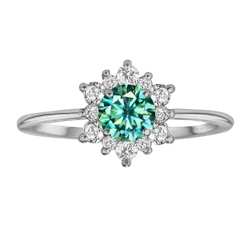 Women’s art deco rings-Sterling Silver Green Moissanite and White Topaz Flower Ring