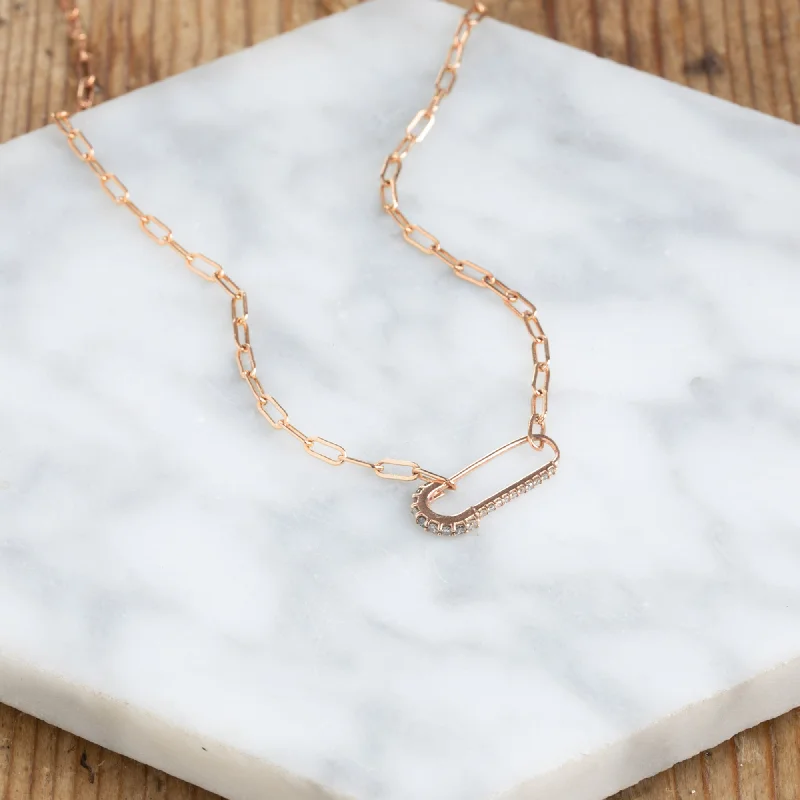 Women’s sterling silver necklaces-The White Diamond Pavé Pin Necklace | 14K Rose Gold