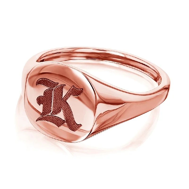 Women’s statement rings-Annello by Kobelli 14k Rose Gold Personalized Signet Initials Cushion Ring - Old Script