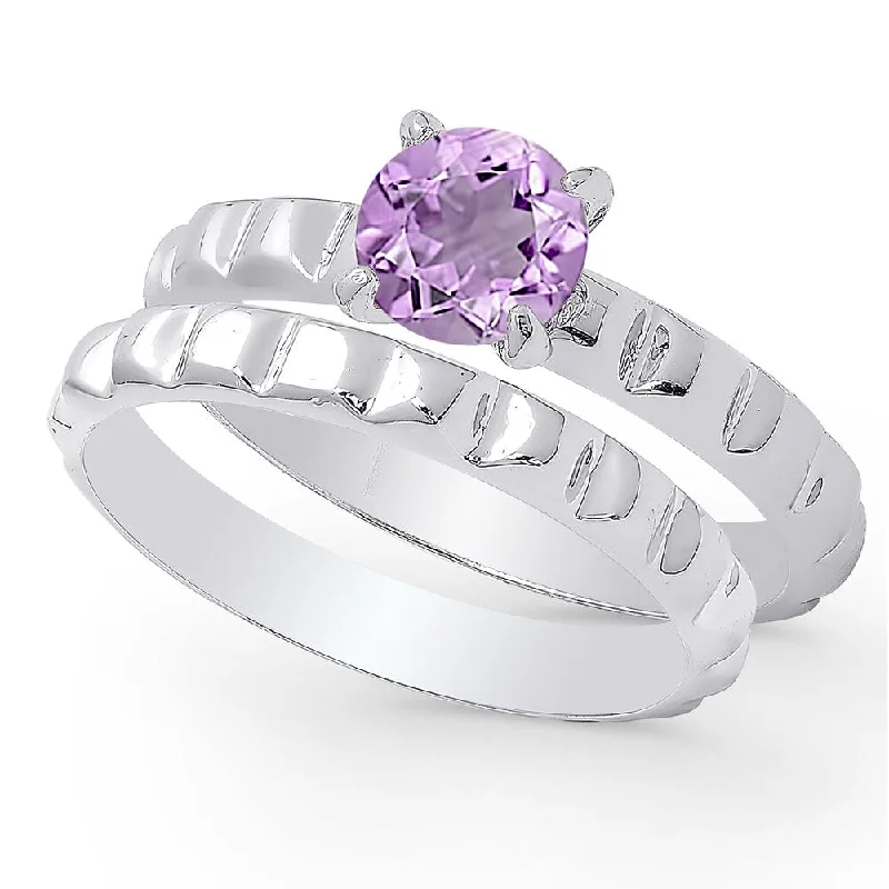 Women’s silver fashion rings-Dolce Giavonna Sterling Silver Amethyst Solitaire Bridal Ring Set