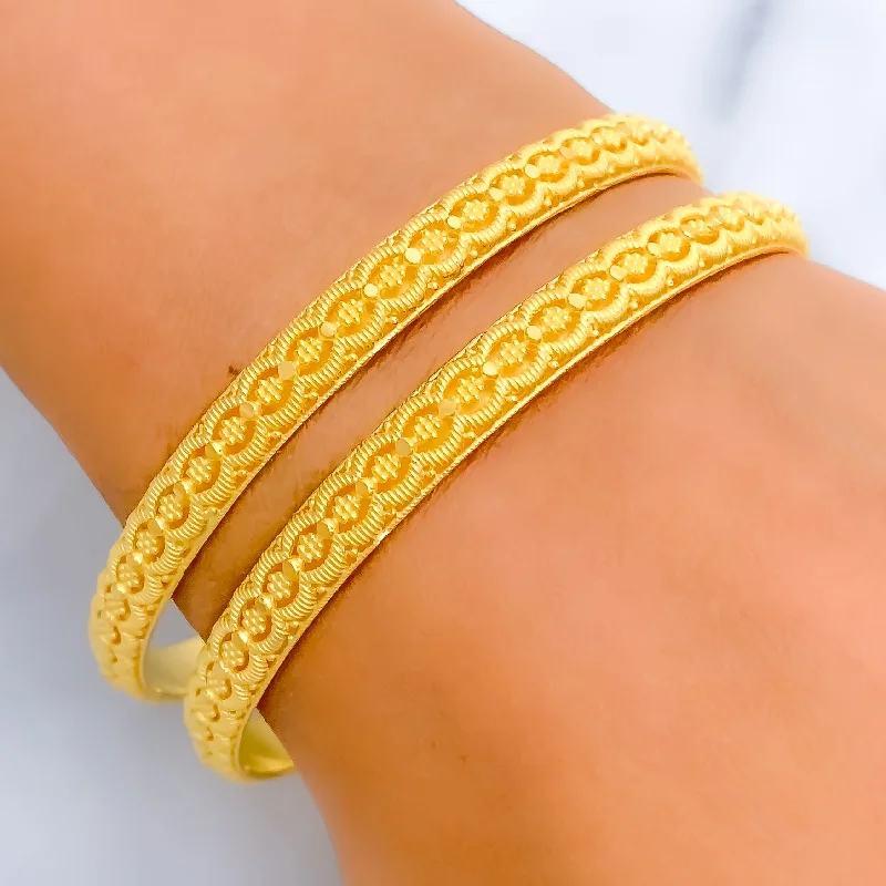 Women’s engraved charm bracelets-Sophisticated Floral 21k Gold Bangles