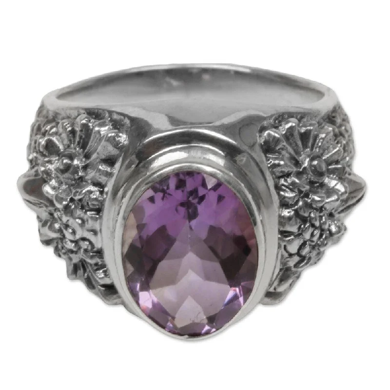 Women’s oval engagement rings-NOVICA Handmade Sterling Silver Worried Owl Amethyst Ring (Indonesia)