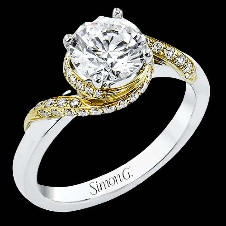 Women’s solitaire engagement rings-Contemporary 18 kt two-tone engagement ring has a swirl of white diamonds .24 ctw, set in yellow gold on a polished white gold shank