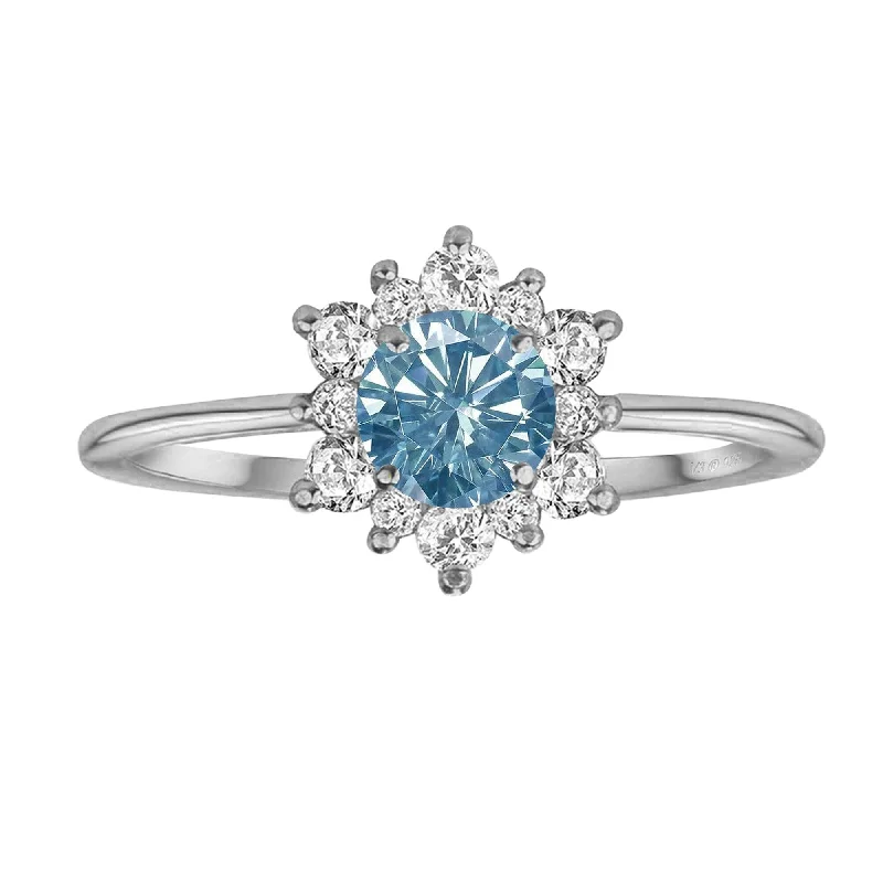 Women’s wedding rings-Sterling Silver Blue Moissanite and White Topaz Flower Ring