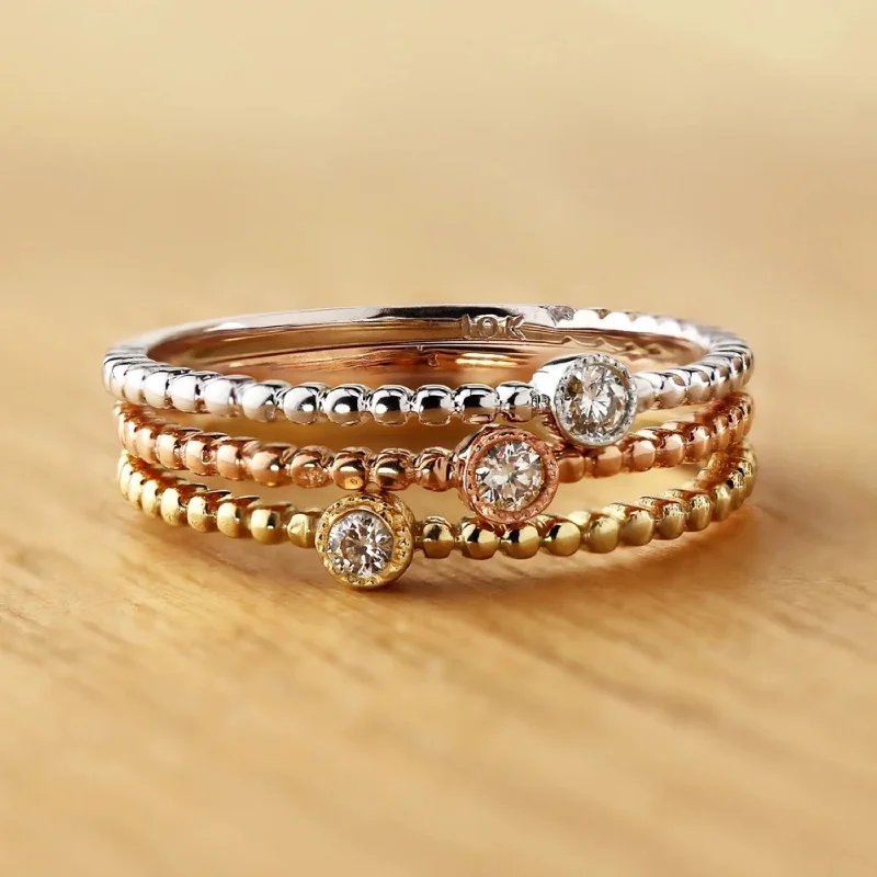 Women’s emerald cut rings-10k gold Diamond Accent Ultra-thin Beaded Stackable Ring by Auriya