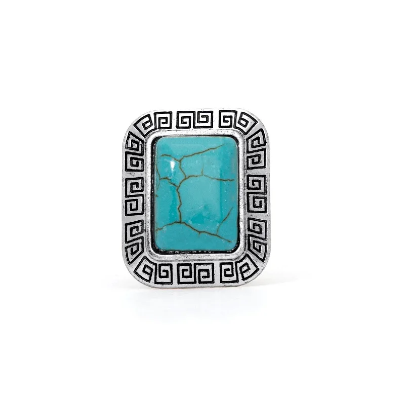 Women’s gold wedding rings-Silver Plated Simulated Turquoise Rectangle Greek Key Ring