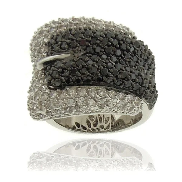 Women’s fashion rings-Dolce Giavonna Silverplated Cubic Zirconia Black and White Buckle Ring