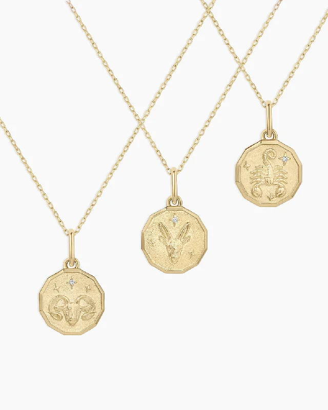 Women’s choker gold necklaces-Diamond Zodiac Coin Charm Necklace