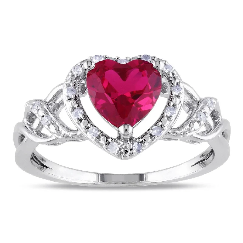 Women’s oval engagement rings-Miadora Sterling Silver Created Ruby and 1/10ct TDW Diamond Heart Ring (H-I, I2-I3)