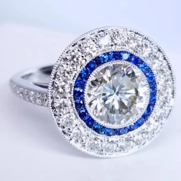 Women’s antique-inspired diamond engagement rings-"ENGR02613" Round Engagement & Sapphire Accented Ring