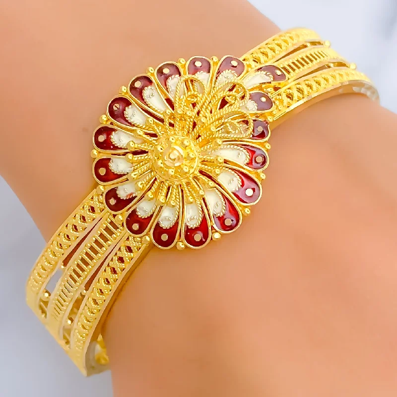 Women’s wide bangles-Graceful Enameled Paisley Flower 22k Gold Screw Bangle