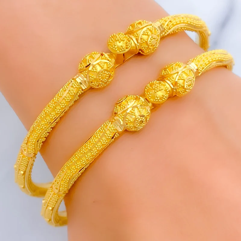 Women’s charm bangles-Refined Beaded Wavy 22k Gold Pipe Bangles