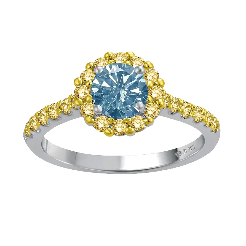 Women’s fashion rings-Sterling Silver Blue Moissanite and Yellow Sapphire Halo Ring