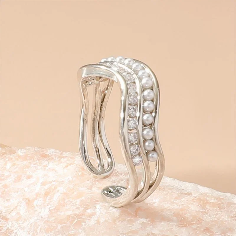 Women’s diamond rings-Streetwear Irregular Copper Plating Inlay Artificial Pearls Zircon White Gold Plated Open Rings