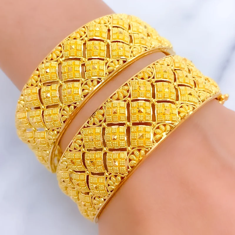 Women’s engraved cuff bracelets-Traditional Checkered 22k Gold Bangle Pair