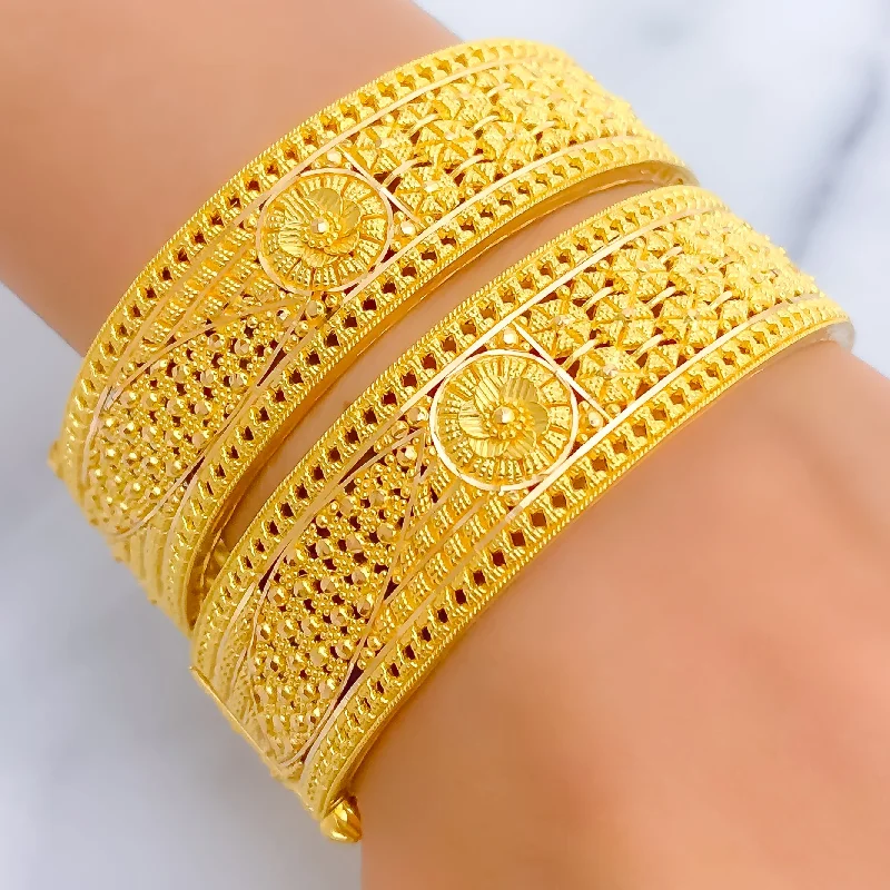 Women’s beaded bracelets-Impressive Netted Floral 22k Gold Bangle Pair