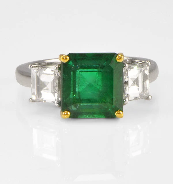 Women’s cushion cut engagement rings-"LADRG01360" Three Stone Green Emerald Engagement Ring in Platinum (1.77 ct. tw.)