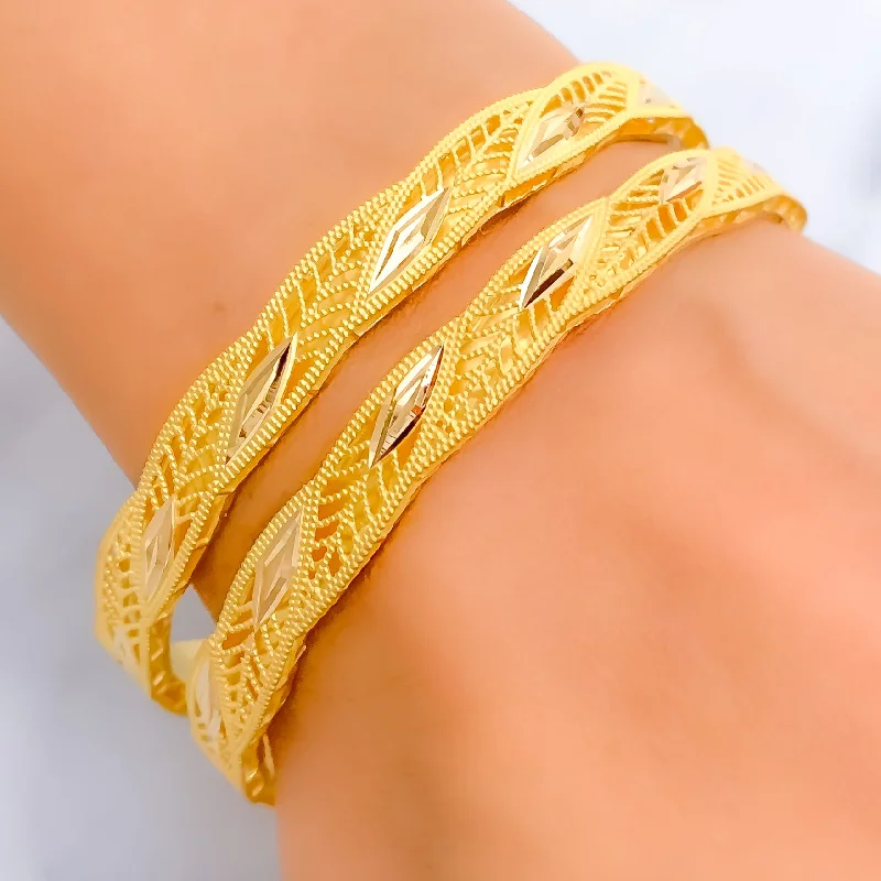 Women’s boho bracelets-Embellished Cutwork Leaf 21k Gold Bangles