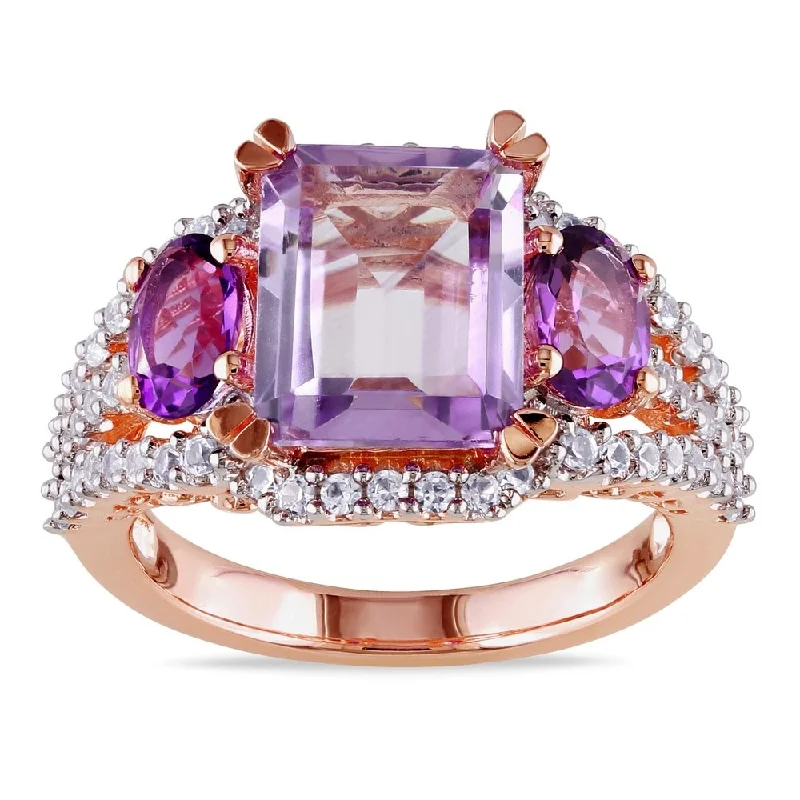 Women’s twist rings-Miadora Rose-plated Silver Created White Sapphire, Rose de France and Amethyst Ring