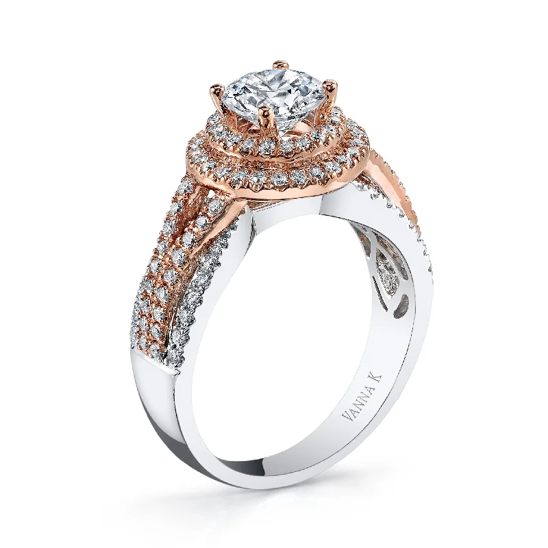 Women’s side stone engagement rings-18K Two Tone Double Halo Diamond Engagement Ring