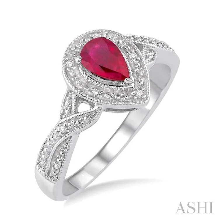 Women’s multi-stone engagement rings-6x4 mm Pear Shape Ruby and 1/50 Ctw Round Cut Diamond Ring in Sterling Silver