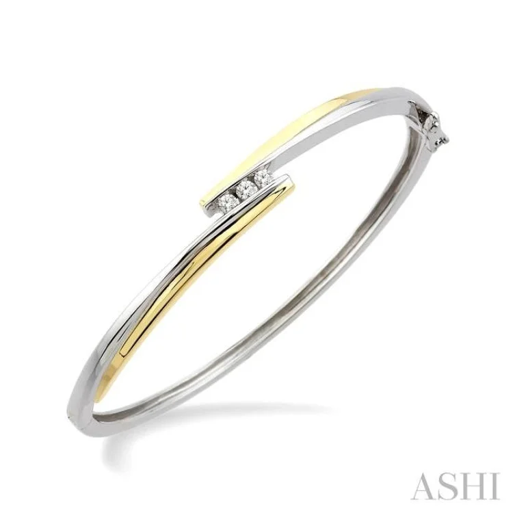 Women’s engraved bangles-1/6 ctw Three Stone Round Cut Diamond Bangle in 10K White and Yellow Gold