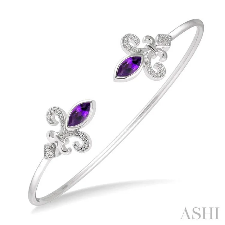 Women’s custom name bracelets-1/20 Ctw Marquise Shape 8x4mm Amethyst & Round Cut Diamond Fleur De Lis Flexi Bangle in Sterling Silver