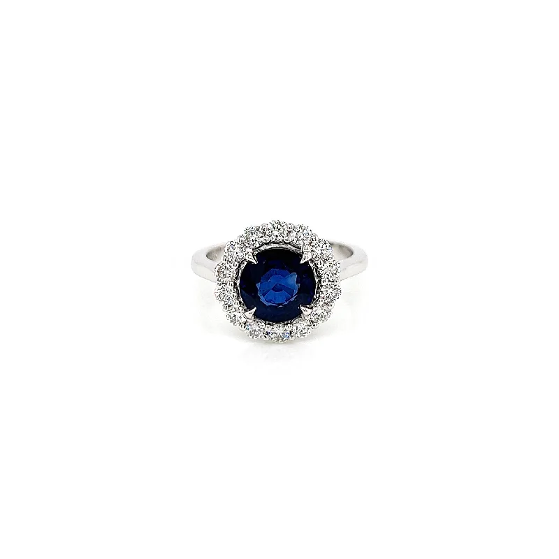 Women’s heart-shaped engagement rings-3.08 Total Carat Blue Round Sapphire and Diamond Halo Ladies Engagement Ring