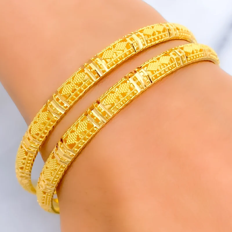 Women’s adjustable bracelets-Sparkling Alternating Striped 22k Gold Bangle Pair